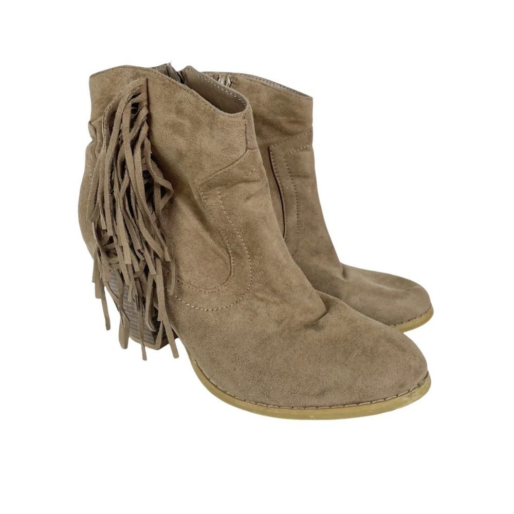 Diva Lounge‎ Woman's Sz 10 Faux Suede Fringe Stack Heeled Ankle Booties Fall